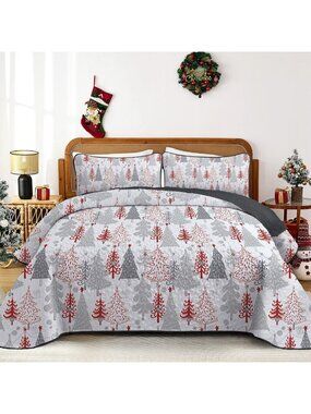 Cozy Christmas Quilt Set Queen - Red Grey Xmas Tree Design, Pine Bedspread